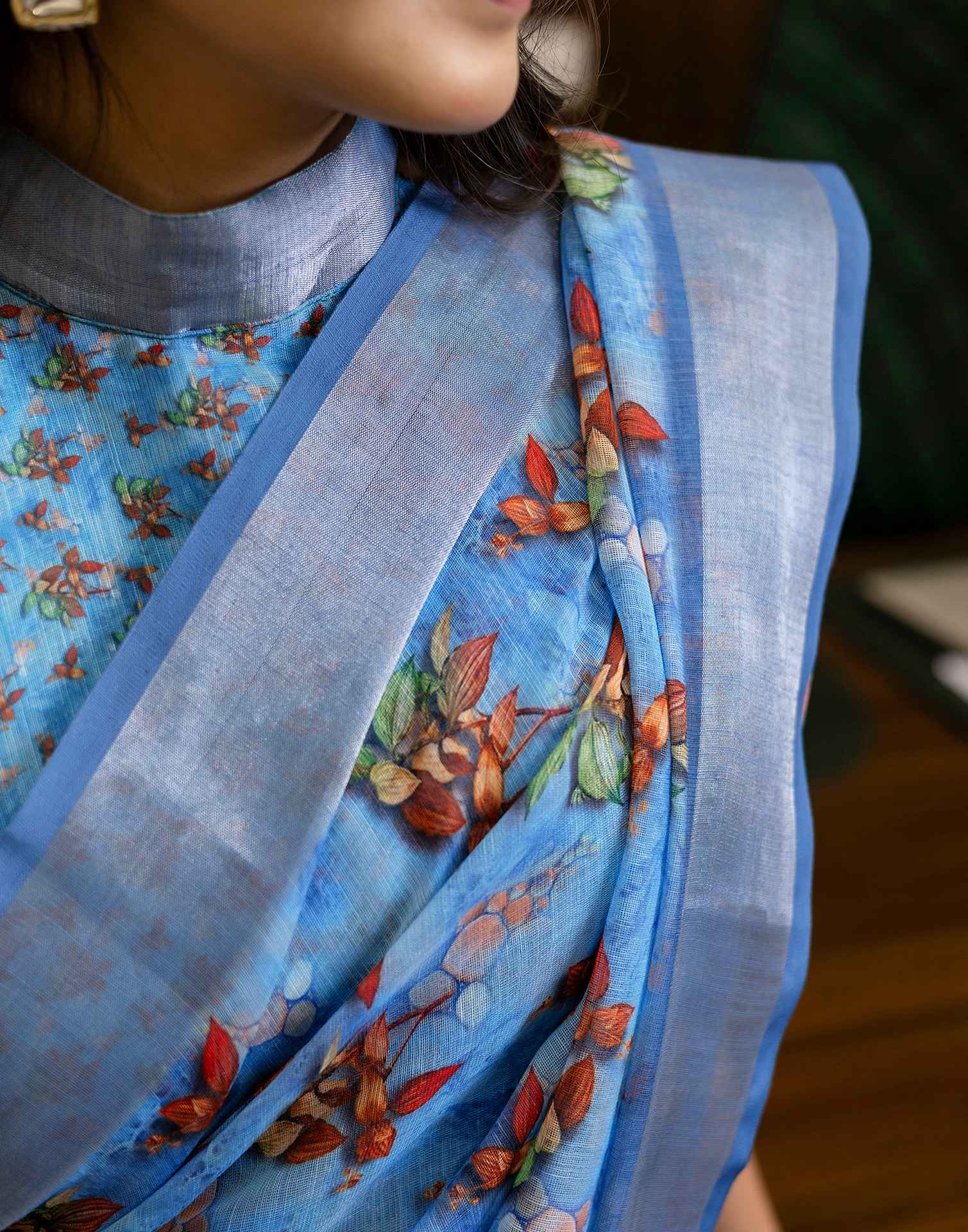 Ready To Wear Blue Linen Woven Border Printed Saree