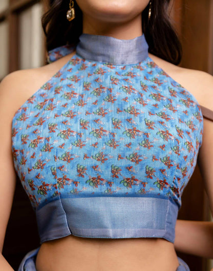 Ready To Wear Blue Linen Woven Border Printed Saree