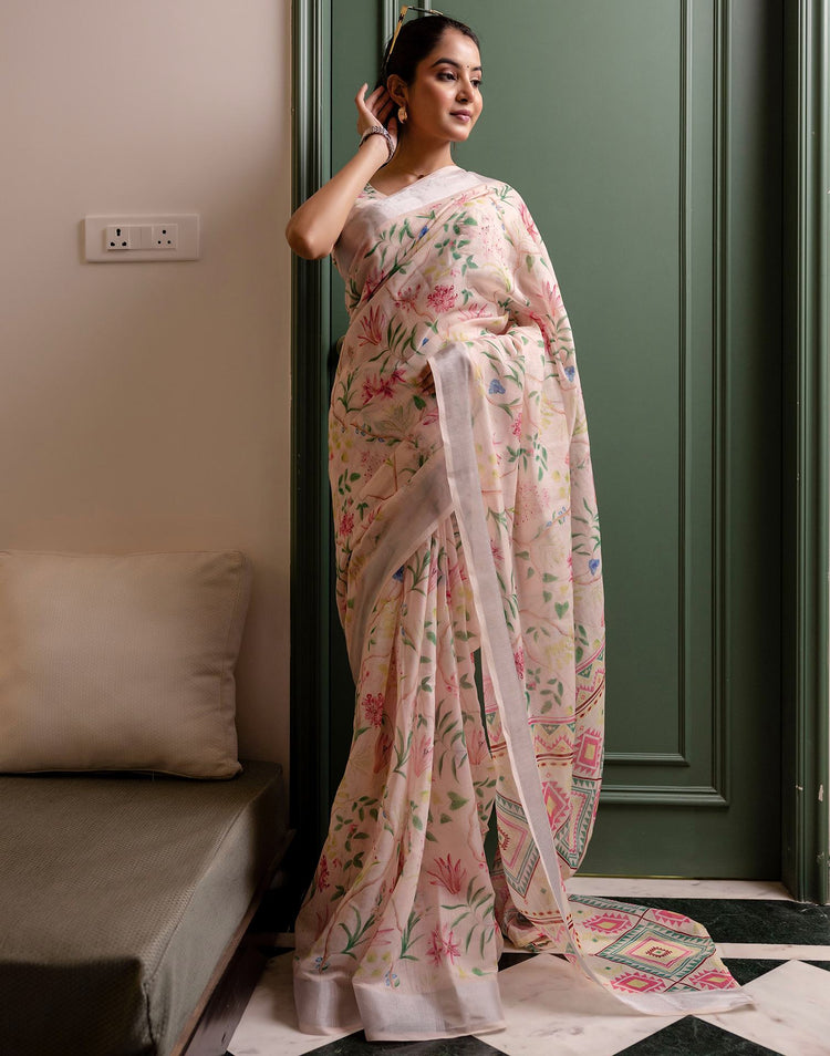 Ready To Wear Cream Linen Woven Border Printed Saree
