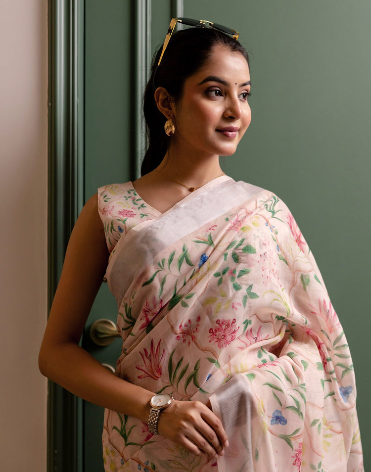 Ready To Wear Cream Linen Woven Border Printed Saree