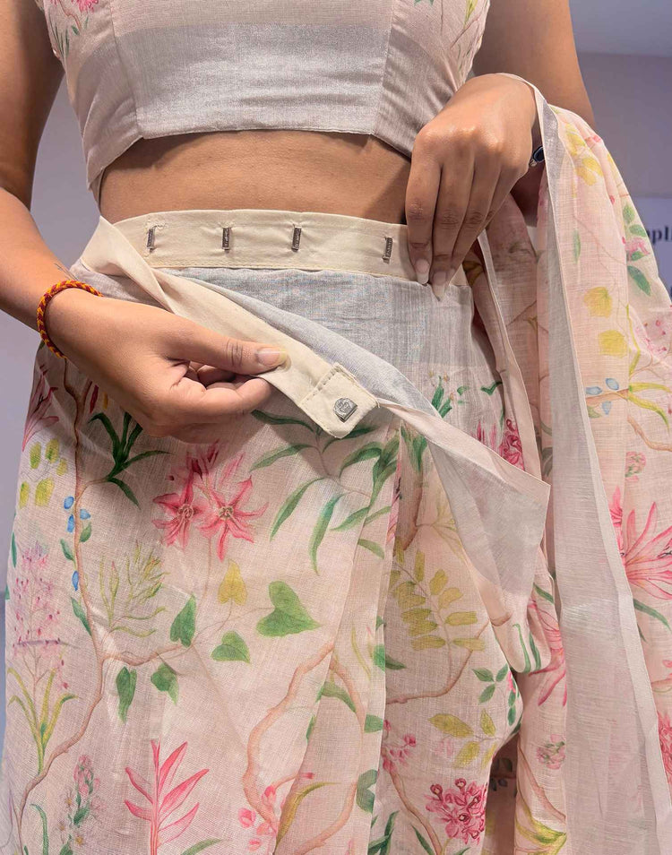 Ready To Wear Cream Linen Woven Border Printed Saree