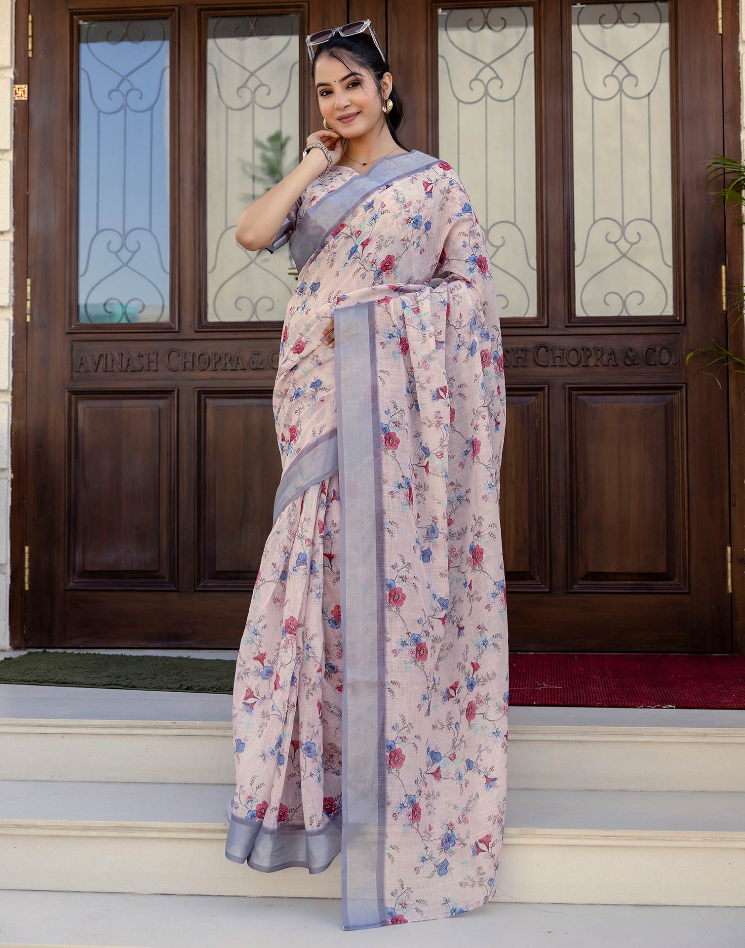 Ready To Wear Off White Linen Woven Border Floral Printed Saree