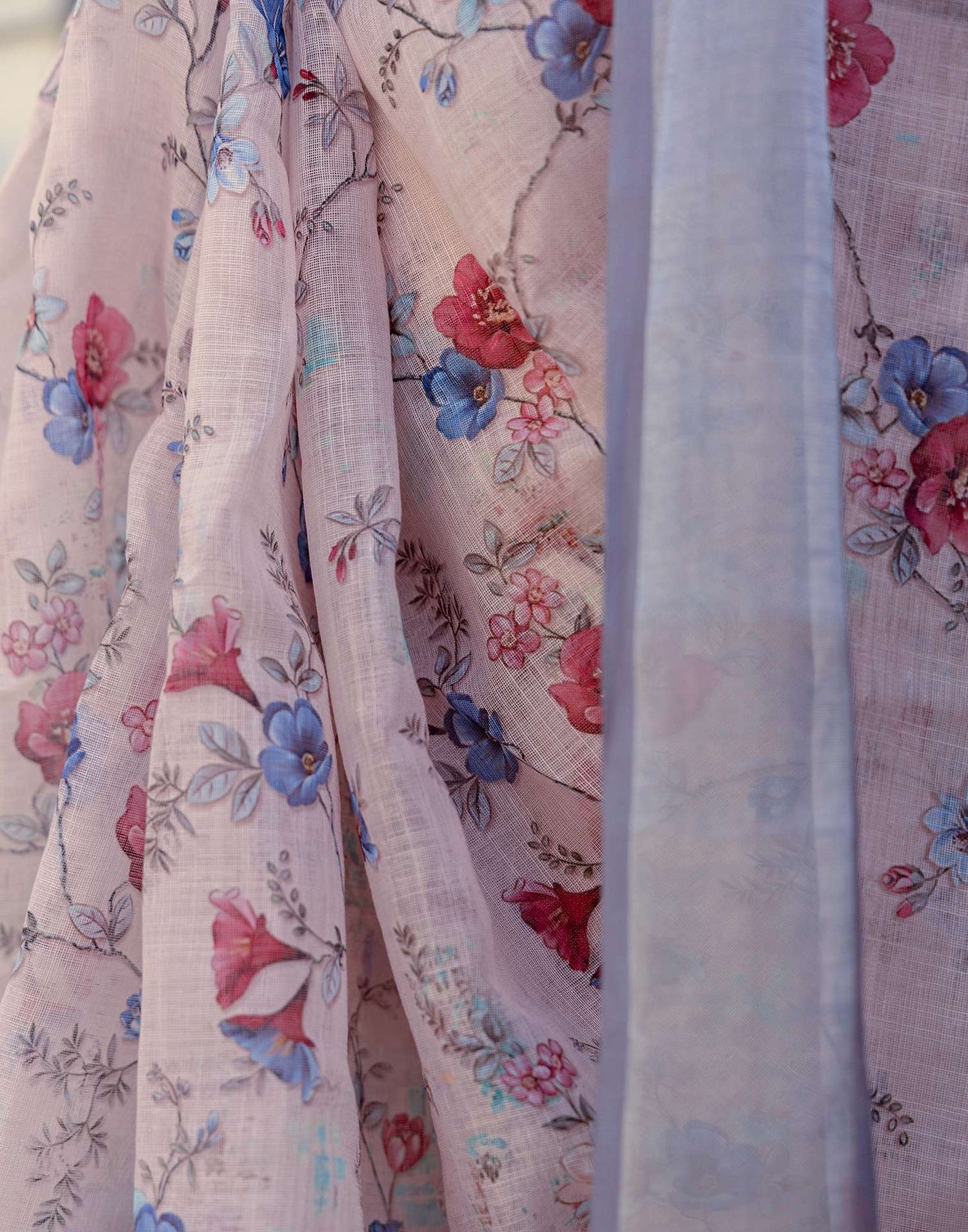 Ready To Wear Off White Linen Woven Border Floral Printed Saree
