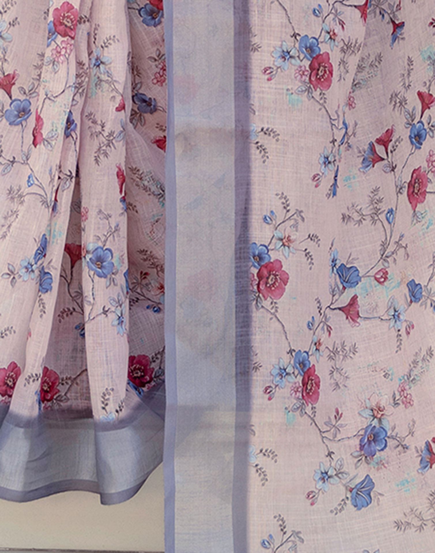 Ready To Wear Off White Linen Woven Border Floral Printed Saree