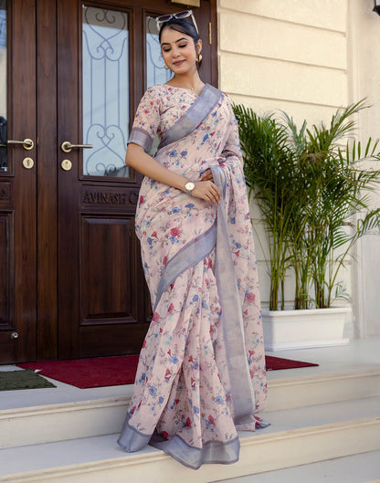 Ready To Wear Off White Linen Woven Border Floral Printed Saree