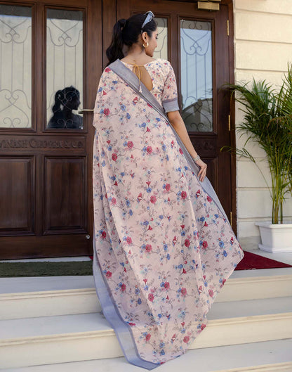 Ready To Wear Off White Linen Woven Border Floral Printed Saree