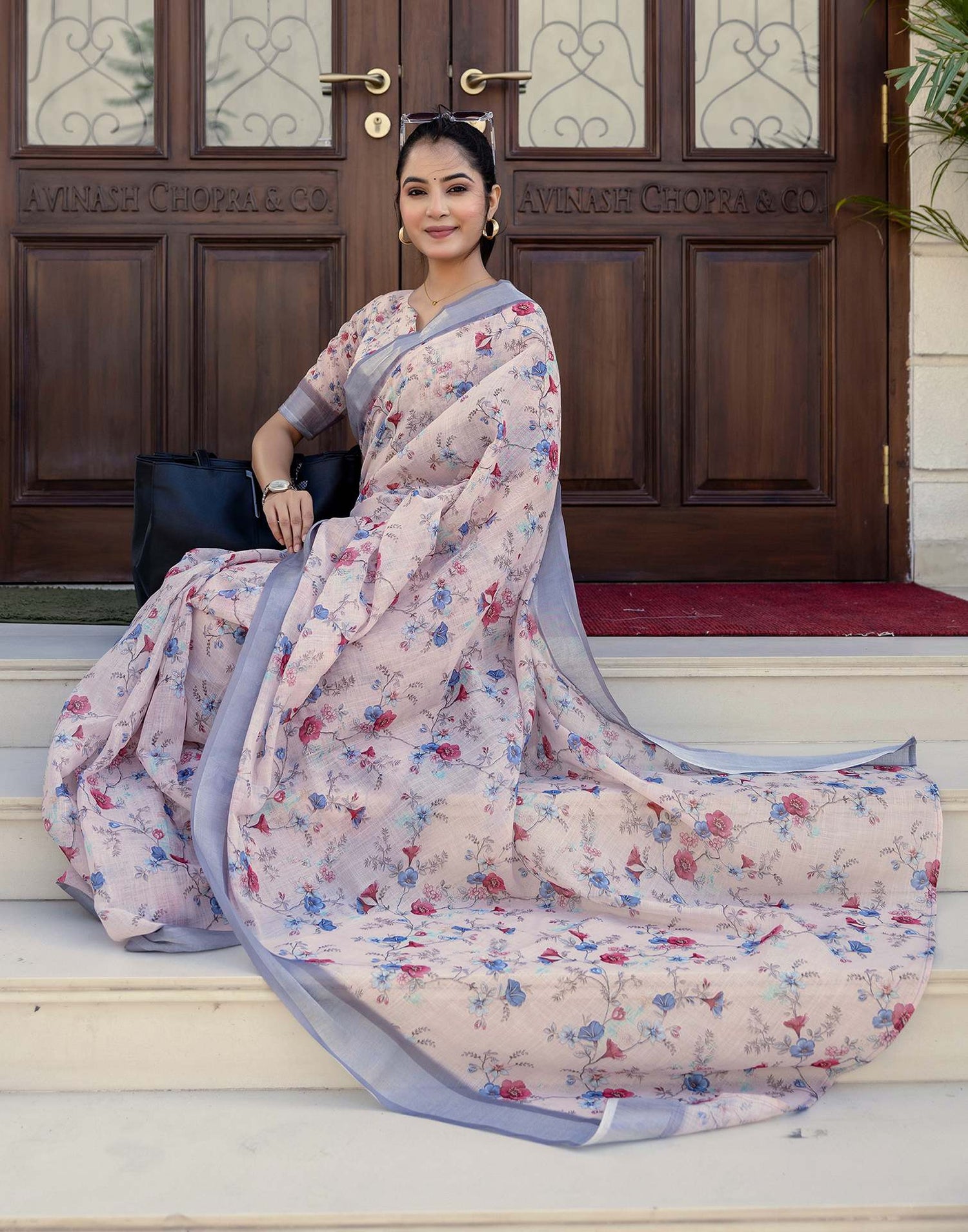 Ready To Wear Off White Linen Woven Border Floral Printed Saree