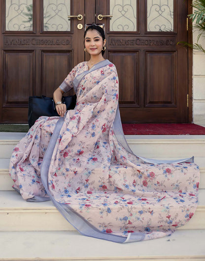 Ready To Wear Off White Linen Woven Border Floral Printed Saree