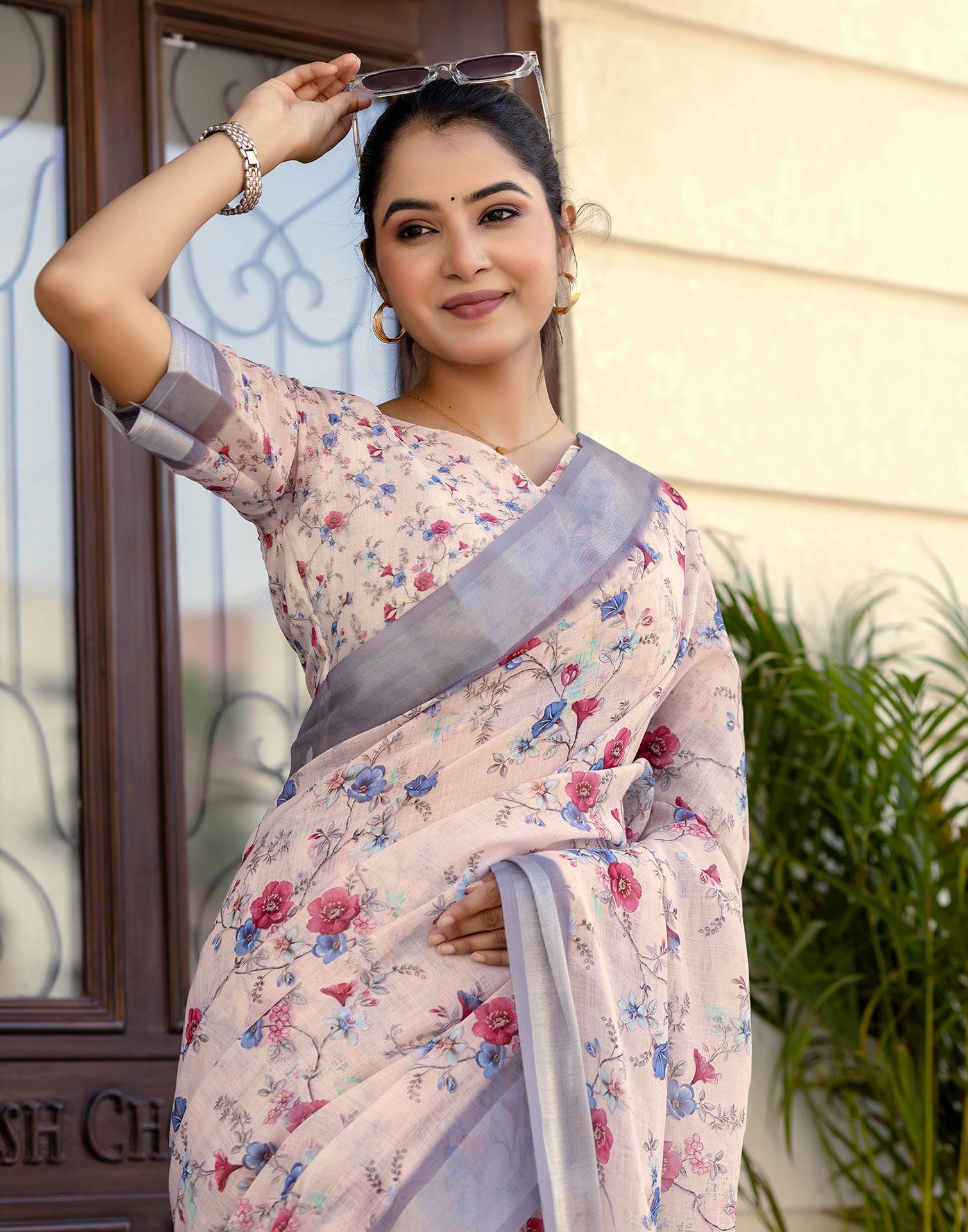 Ready To Wear Off White Linen Woven Border Floral Printed Saree