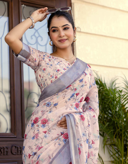 Ready To Wear Off White Linen Woven Border Floral Printed Saree