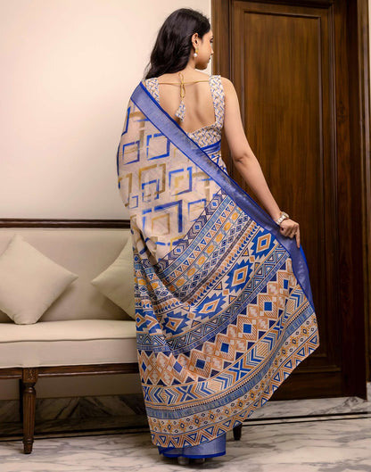 Ready To Wear Off White Linen Woven Border Printed Saree
