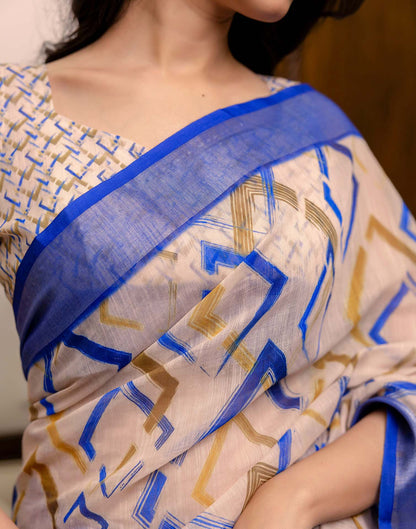 Ready To Wear Off White Linen Woven Border Printed Saree