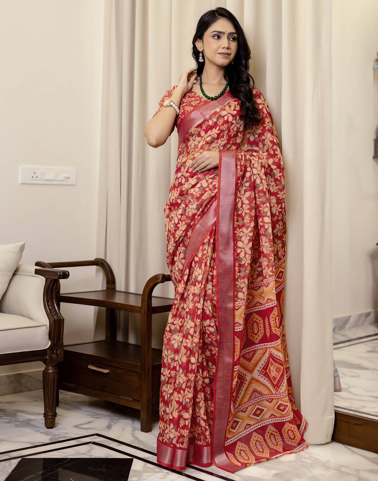 Ready To Wear Red Linen Woven Border Printed Saree