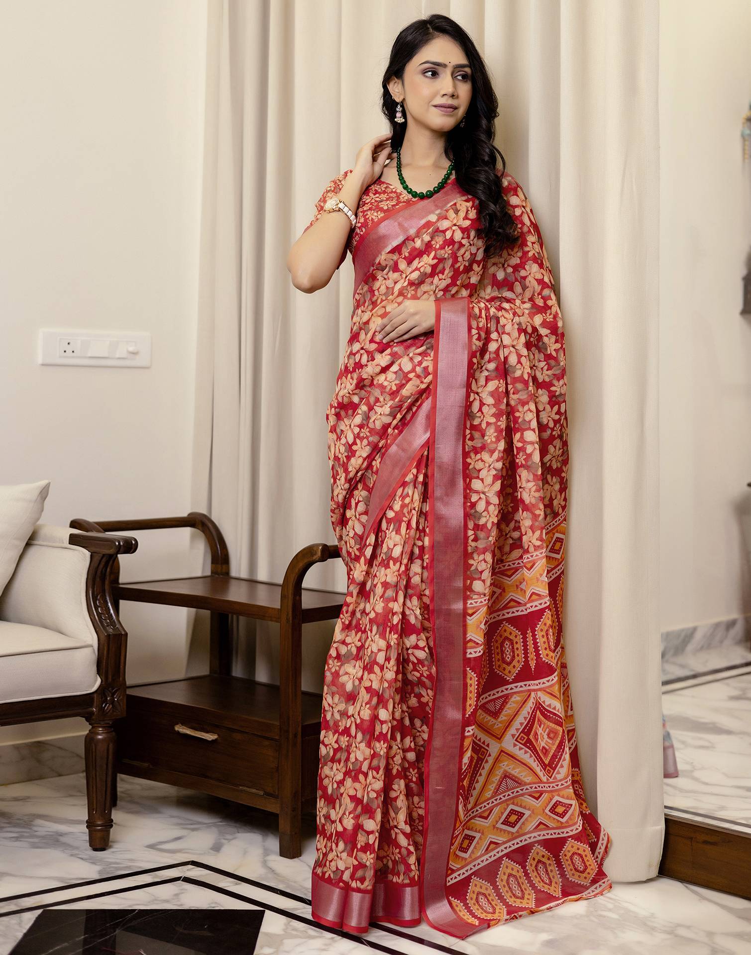 Ready To Wear Red Linen Woven Border Printed Saree