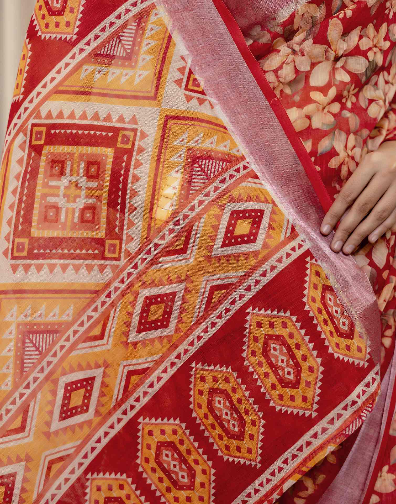 Ready To Wear Red Linen Woven Border Printed Saree