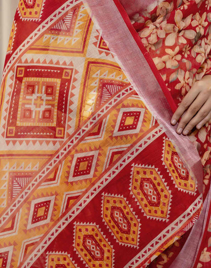 Ready To Wear Red Linen Woven Border Printed Saree