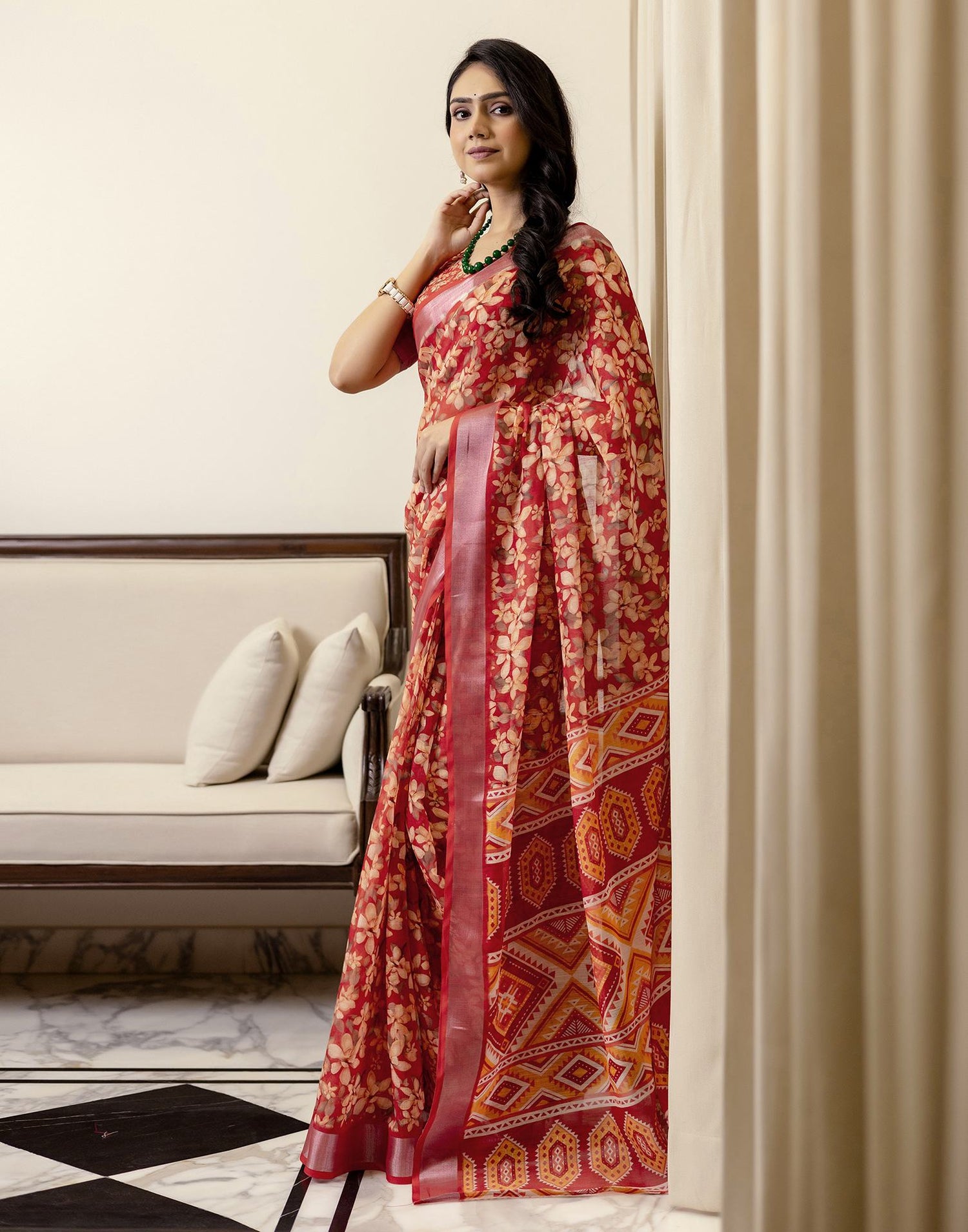 Ready To Wear Red Linen Woven Border Printed Saree