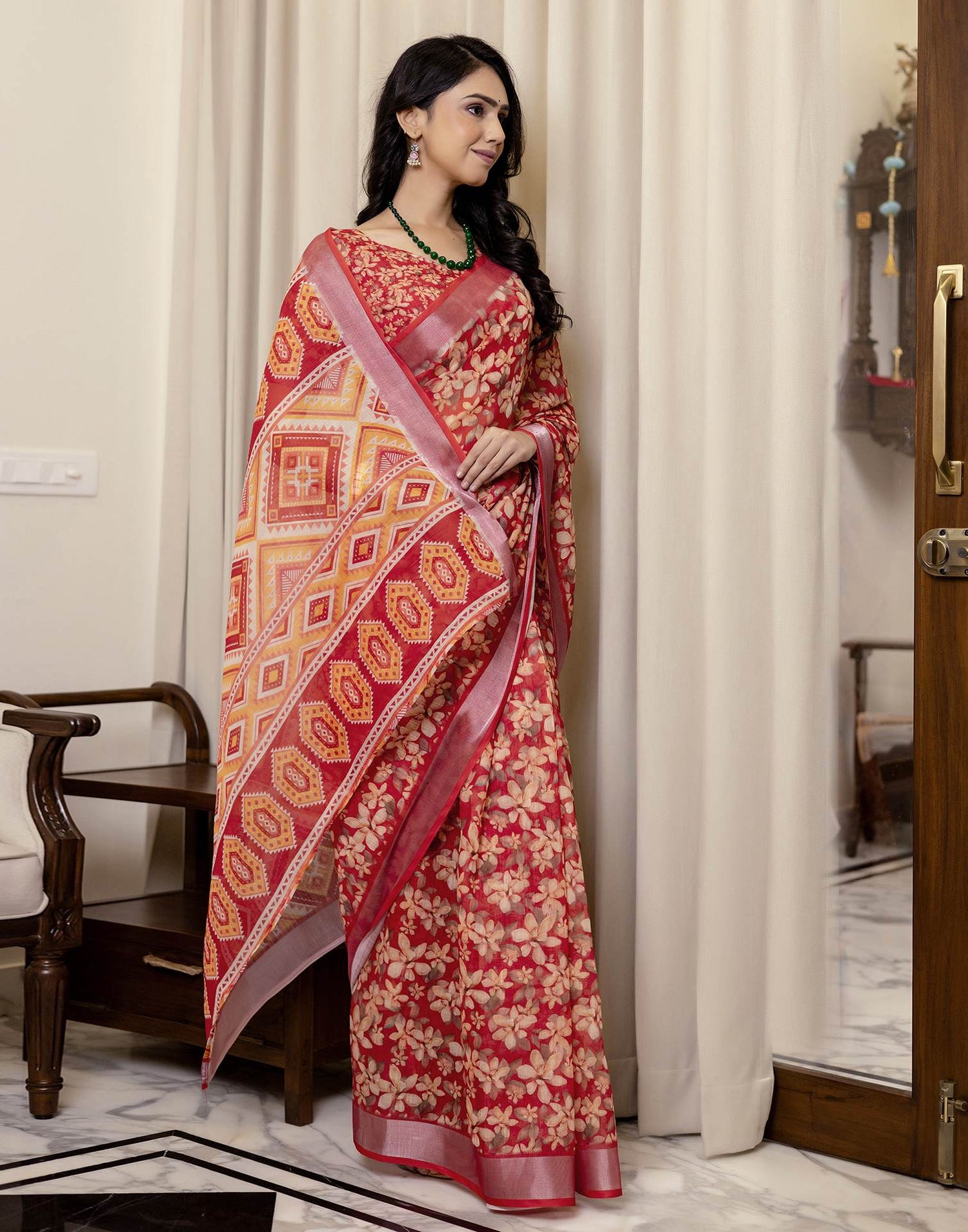 Ready To Wear Red Linen Woven Border Printed Saree