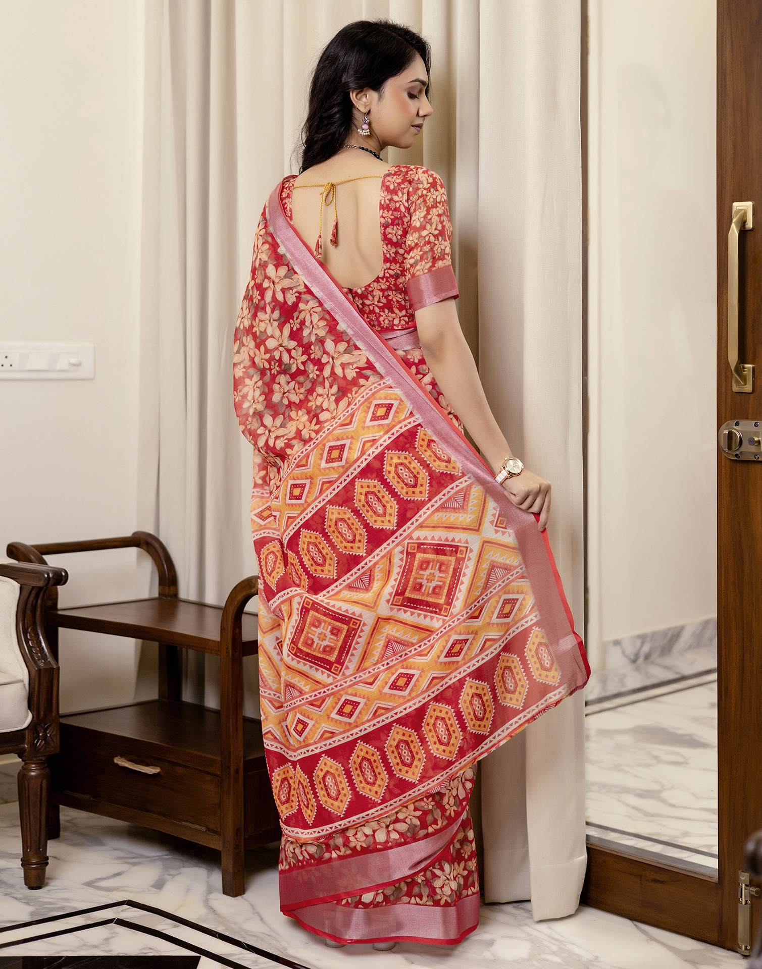 Ready To Wear Red Linen Woven Border Printed Saree