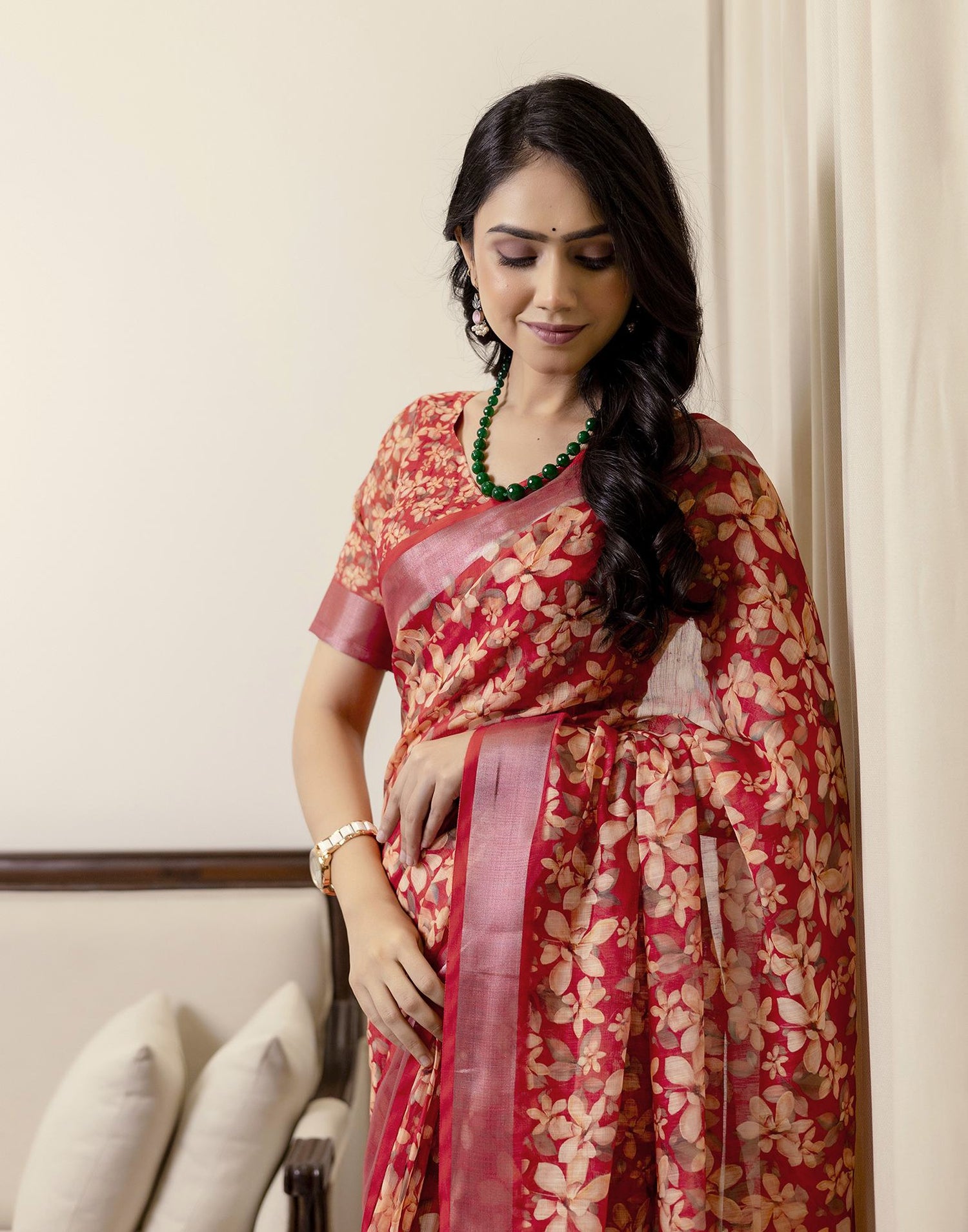 Ready To Wear Red Linen Woven Border Printed Saree