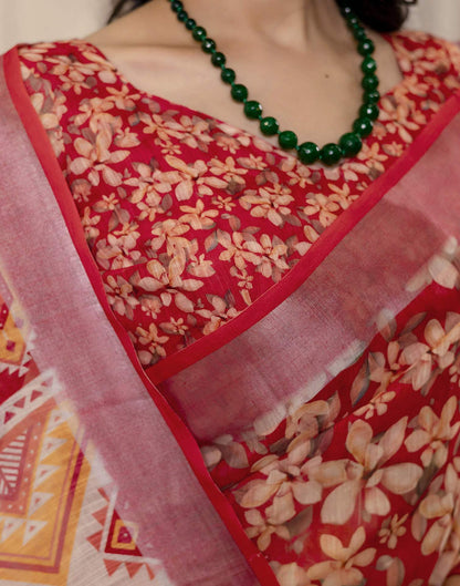 Ready To Wear Red Linen Woven Border Printed Saree