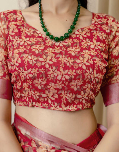 Ready To Wear Red Linen Woven Border Printed Saree