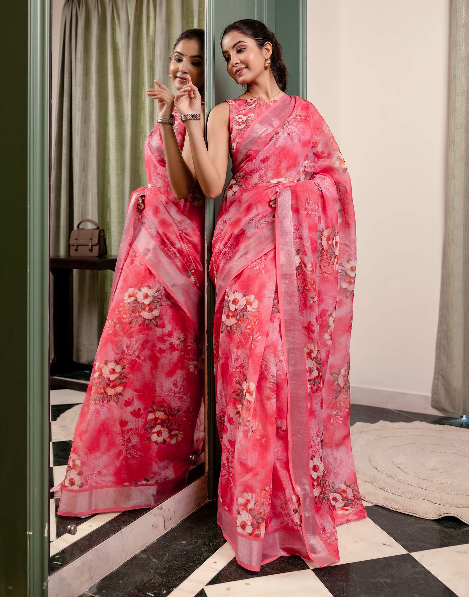 Ready To Wear Rose Pink Linen Woven Border Floral Printed Saree
