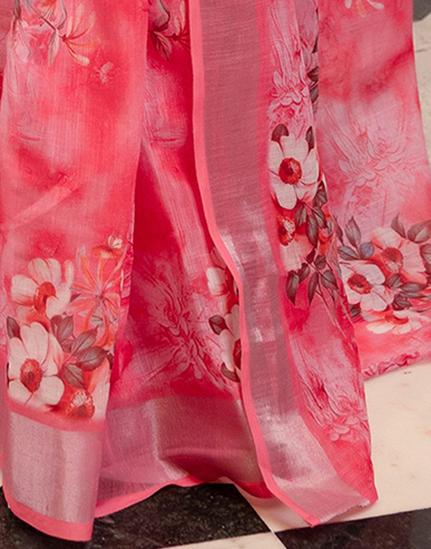 Ready To Wear Rose Pink Linen Woven Border Floral Printed Saree