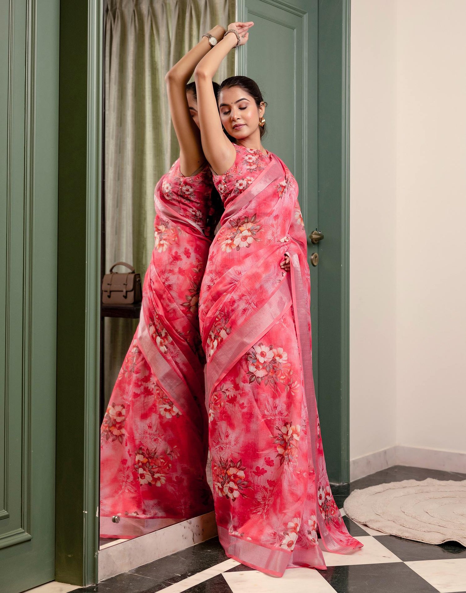Ready To Wear Rose Pink Linen Woven Border Floral Printed Saree
