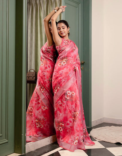 Ready To Wear Rose Pink Linen Woven Border Floral Printed Saree