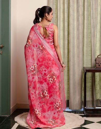 Ready To Wear Rose Pink Linen Woven Border Floral Printed Saree