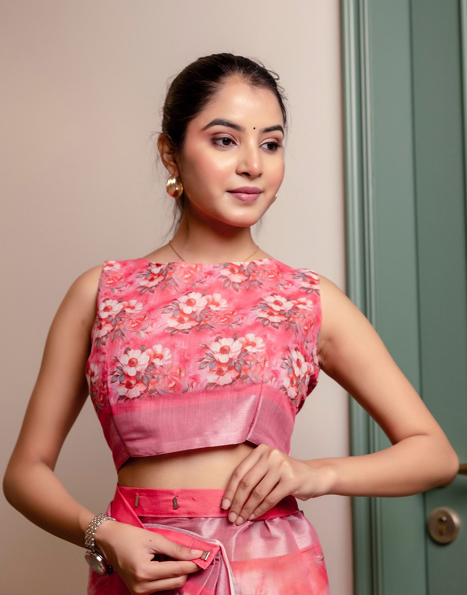 Ready To Wear Rose Pink Linen Woven Border Floral Printed Saree