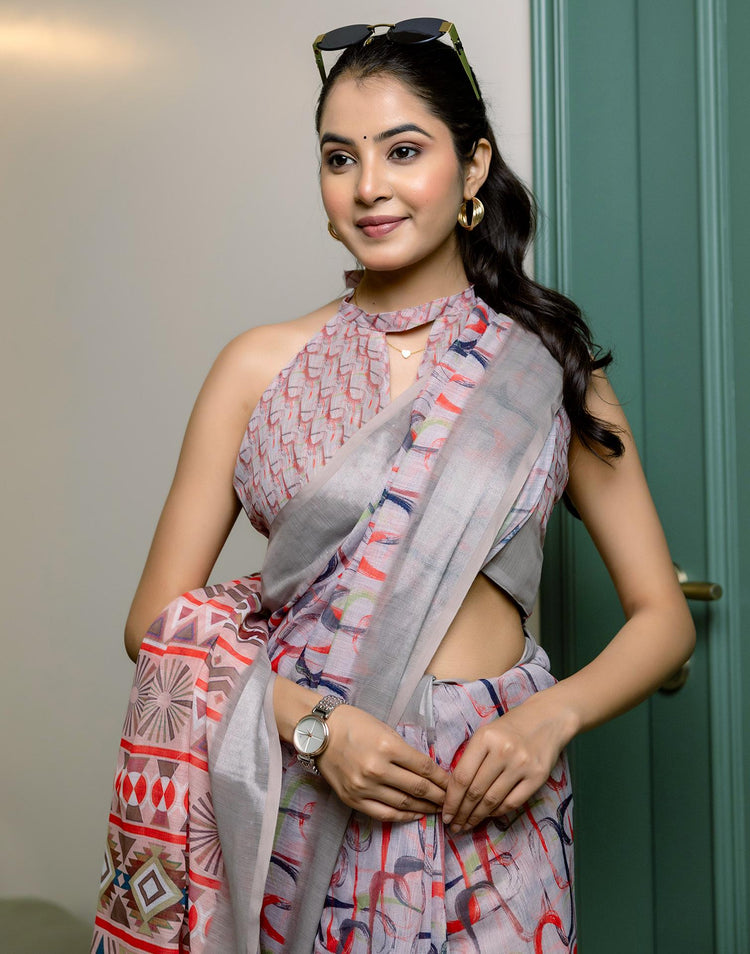 Ready To Wear Grey Linen Woven Border Printed Saree