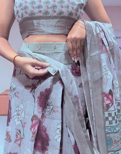 Ready To Wear Sky Blue Linen Woven Border Floral Printed Saree