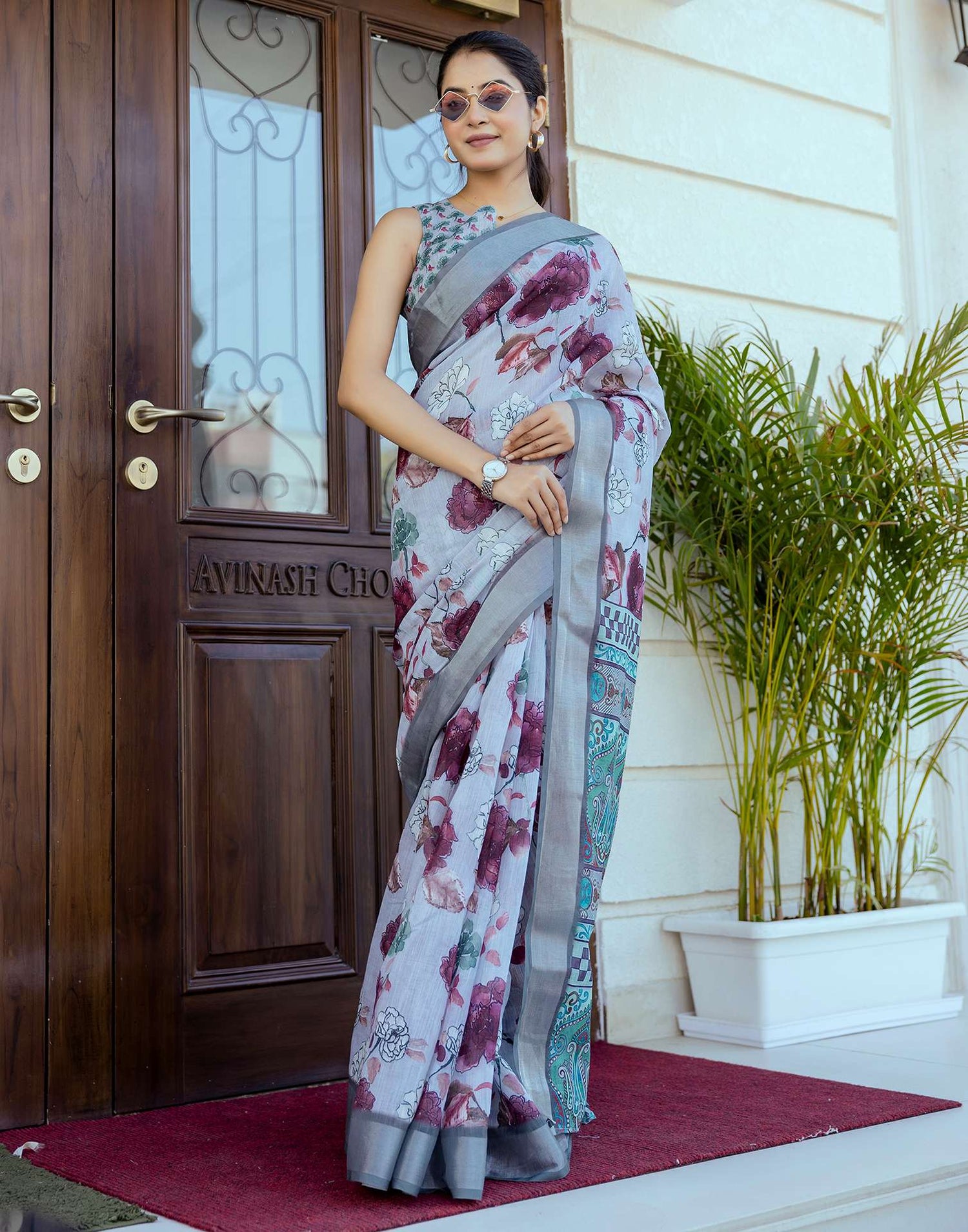 Ready To Wear Sky Blue Linen Woven Border Floral Printed Saree