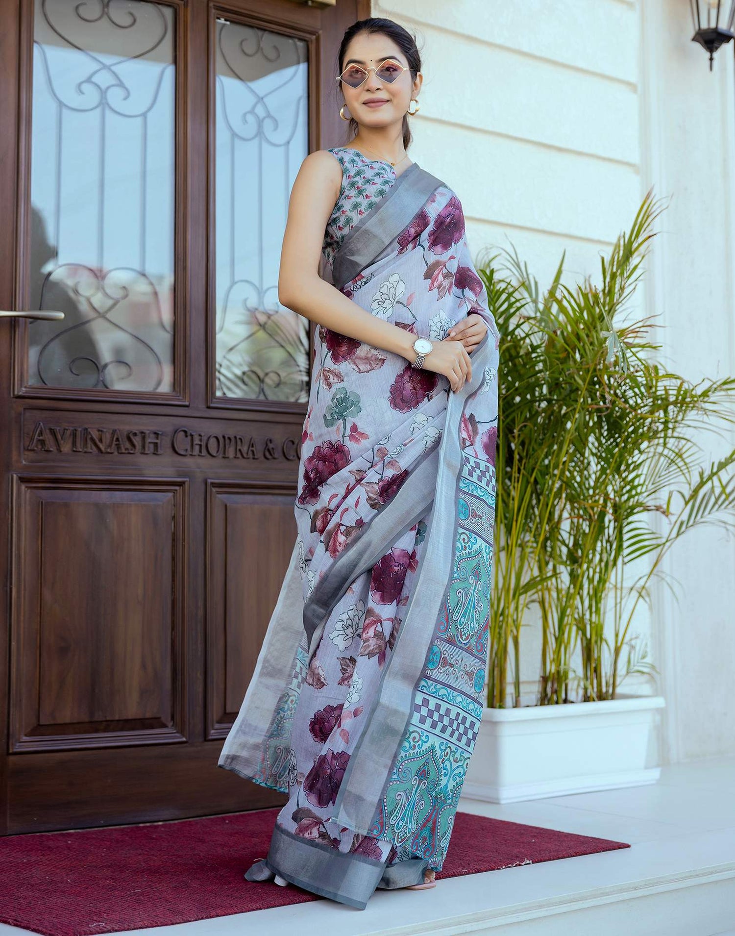 Ready To Wear Sky Blue Linen Woven Border Floral Printed Saree