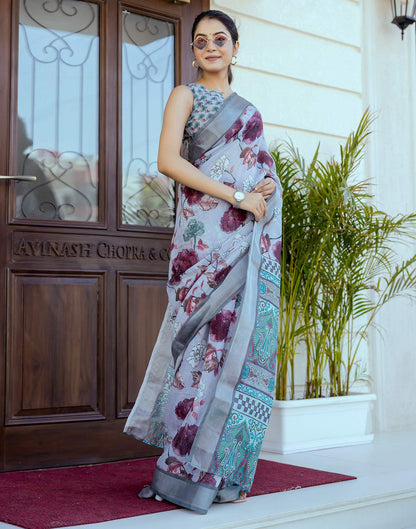 Ready To Wear Sky Blue Linen Woven Border Floral Printed Saree