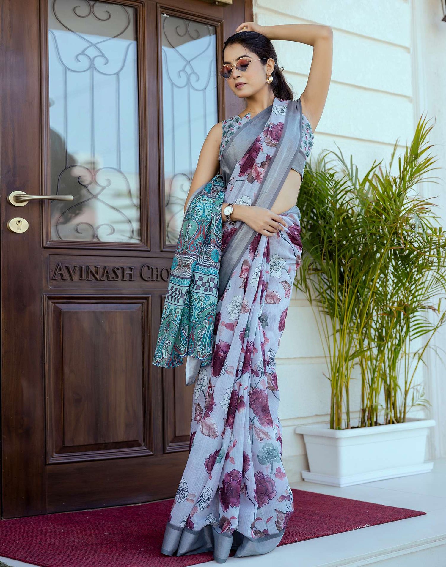 Ready To Wear Sky Blue Linen Woven Border Floral Printed Saree