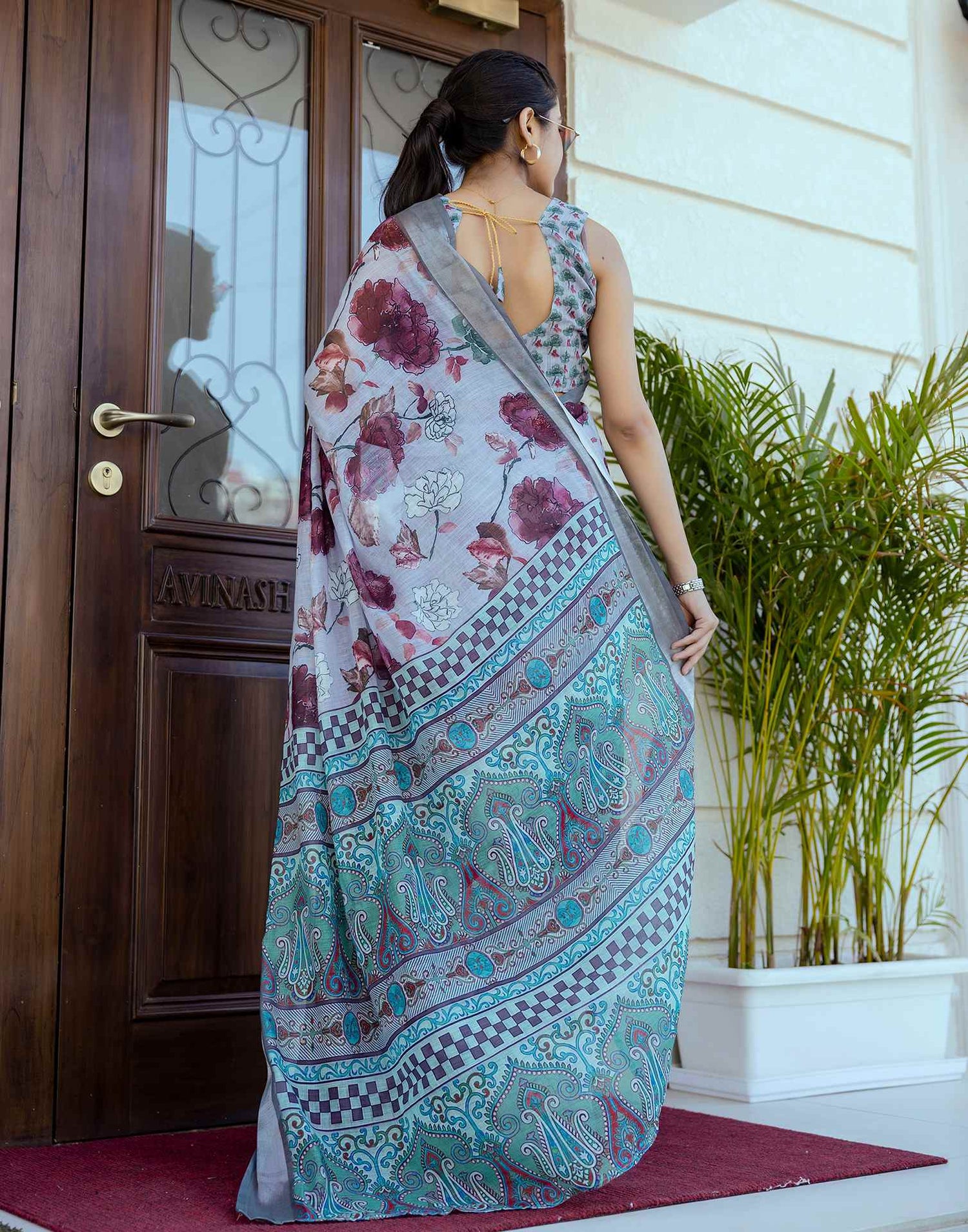 Ready To Wear Sky Blue Linen Woven Border Floral Printed Saree