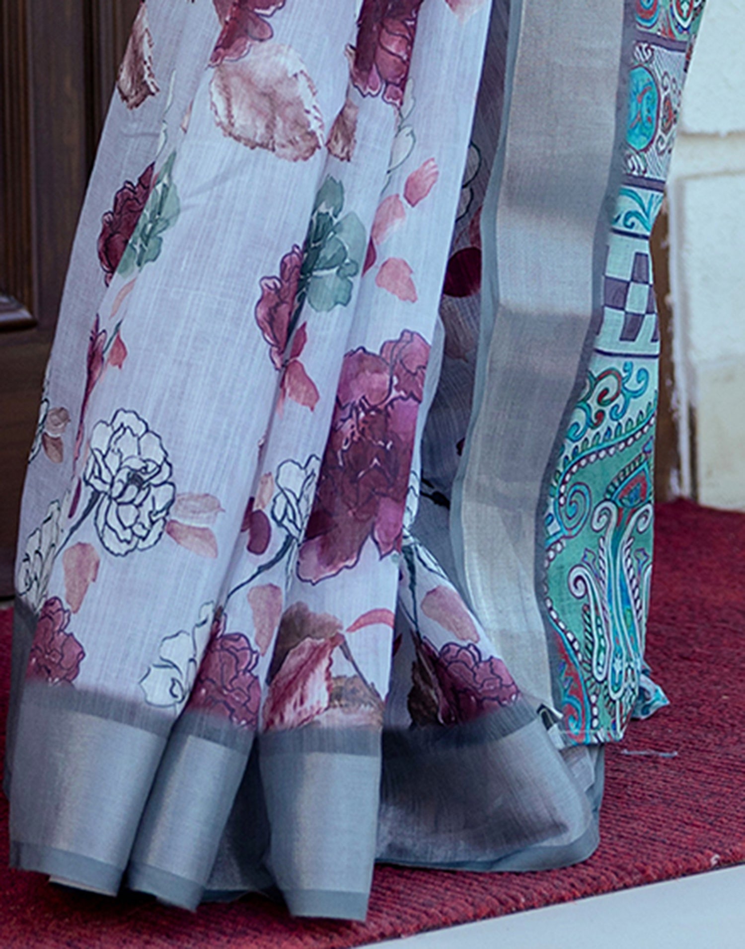 Ready To Wear Sky Blue Linen Woven Border Floral Printed Saree