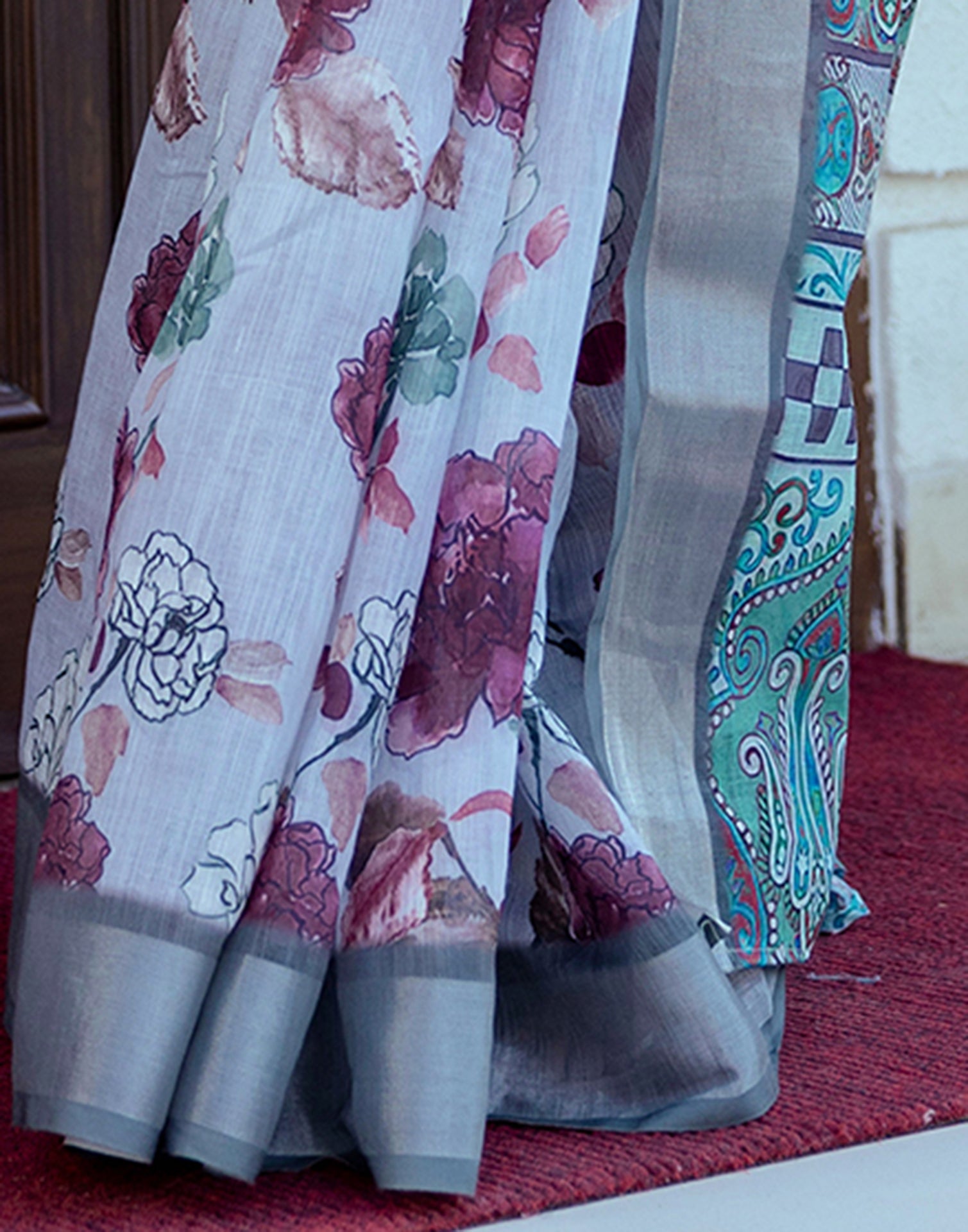 Ready To Wear Sky Blue Linen Woven Border Floral Printed Saree