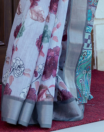 Ready To Wear Sky Blue Linen Woven Border Floral Printed Saree