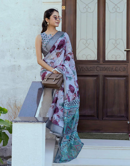 Ready To Wear Sky Blue Linen Woven Border Floral Printed Saree