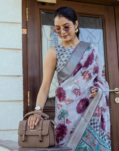 Ready To Wear Sky Blue Linen Woven Border Floral Printed Saree