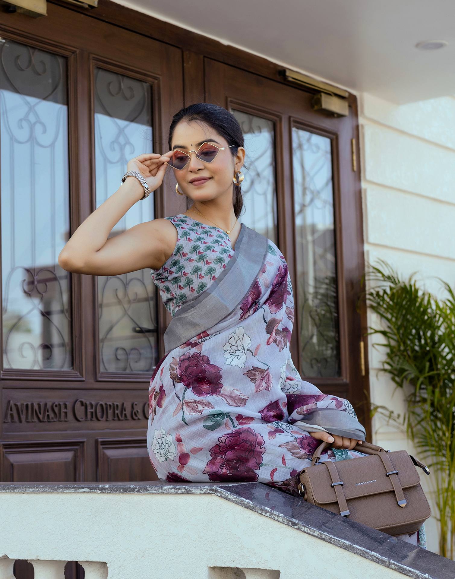 Ready To Wear Sky Blue Linen Woven Border Floral Printed Saree