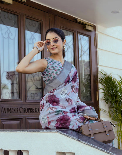 Ready To Wear Sky Blue Linen Woven Border Floral Printed Saree