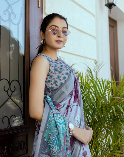 Ready To Wear Sky Blue Linen Woven Border Floral Printed Saree