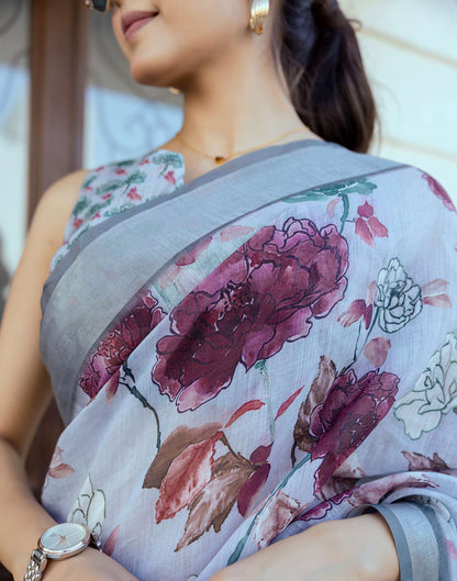 Ready To Wear Sky Blue Linen Woven Border Floral Printed Saree