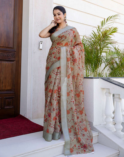 Ready To Wear Dark Beige Linen Woven Border Printed Saree