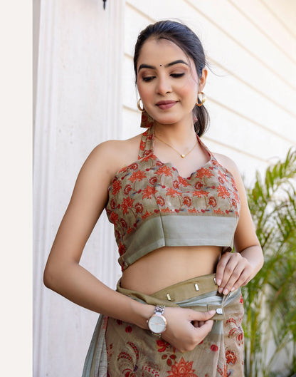 Ready To Wear Dark Beige Linen Woven Border Printed Saree